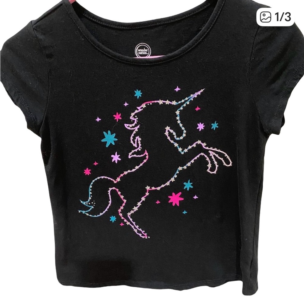 Wonder Nation black unicorn short sleeve crop top sz 10/12